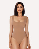 Square-neck shapewear bodysuit in tan nude, sleeveless full front