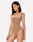 Square-neck shapewear bodysuit in tan nude, high-cut leg front view