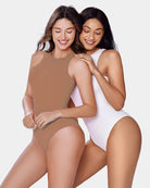 3-pack double-lined shapewear bodysuits in taupe and white, sleeveless