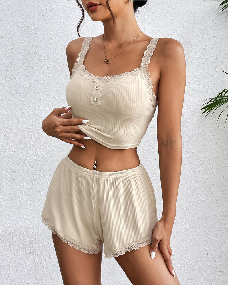 Cream ribbed lace-trim pajama set with cami and matching shorts, lace neckline detail