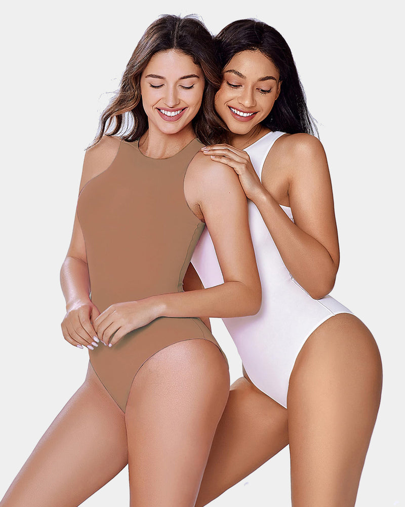 Brown and white double-lined sleeveless bodysuit shapewear set with thong bottoms.
