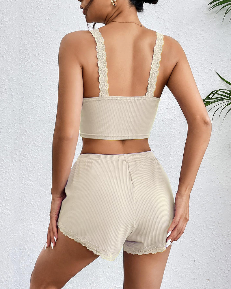 Ribbed lace-trim pajama set with camisole bralette and matching shorts, light beige