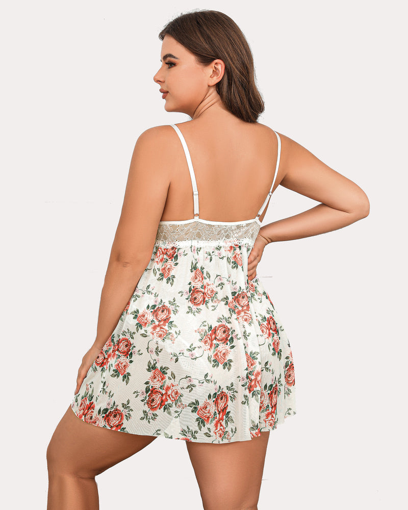 Plus-size lace nightgown with floral print sheer babydoll skirt and white lace straps
