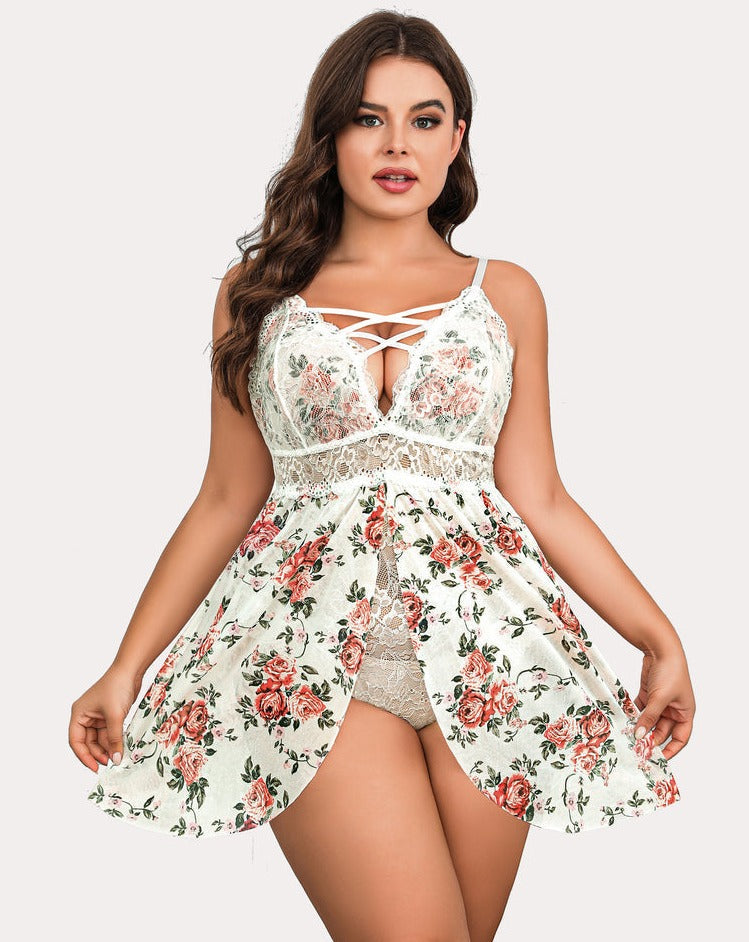 White floral mesh snap-crotch babydoll with lace cups and crisscross neckline