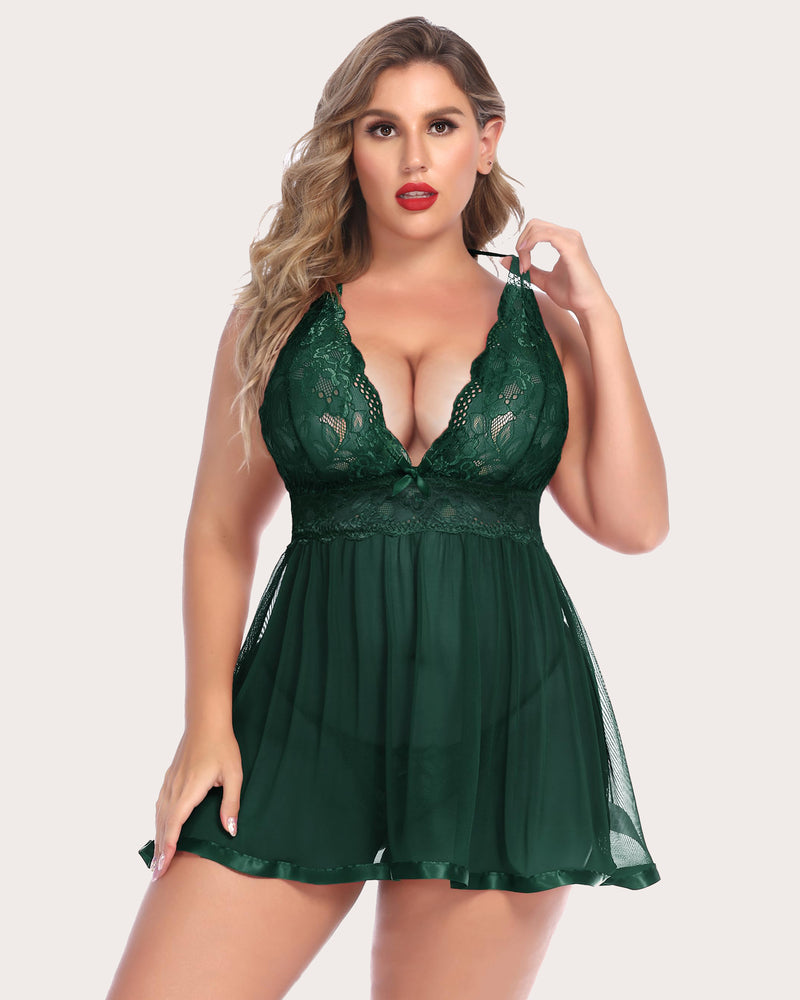 Green sheer lace babydoll chemise with lace V-neck and flared mini skirt