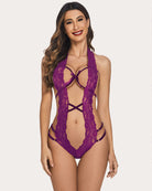 Purple lace halter teddy with deep V front cutout and crisscross waist strap design