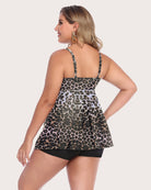 Two-piece tankini set, back view of leopard-print tankini with black swim shorts