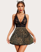 Black lace babydoll halter nightgown with leopard print skirt and scalloped lace cups