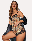 Leopard print lace satin camisole and shorts with V-neck lace trim