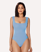 Square-neck sleeveless bodysuit, light blue, smooth shaping with thong bottom