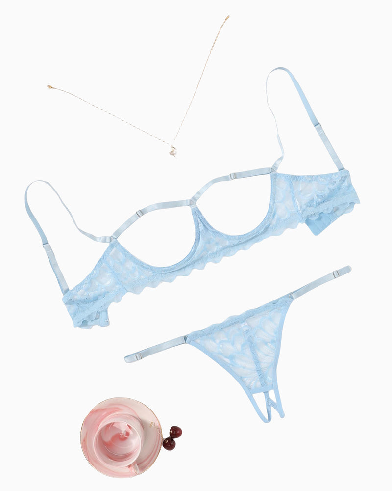 Cupless lace bra and panty set, light blue, flat lay with matching straps