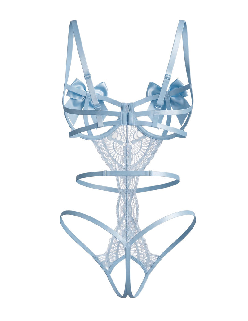 Sky blue floral lace teddy with satin bow underwire cups and strappy cutouts