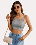 Double-layer lace racerback crop top, blue-gray, scalloped hem and racerback