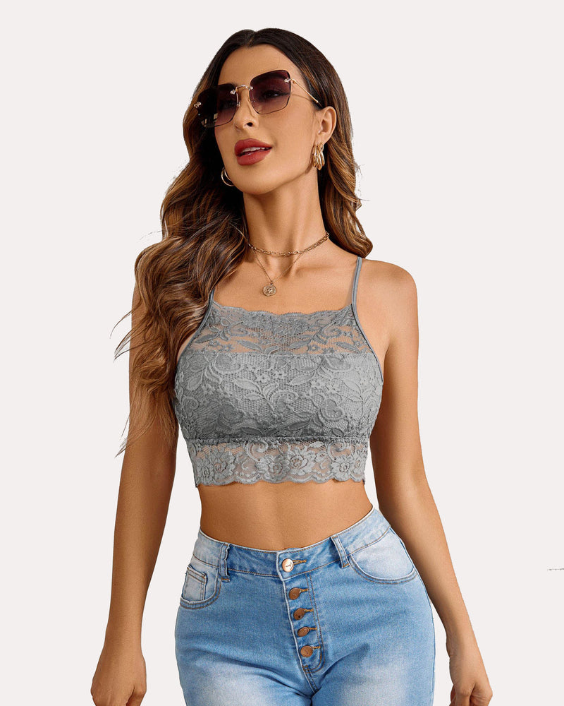 Double-layer lace racerback crop top, blue-gray, scalloped hem and straps