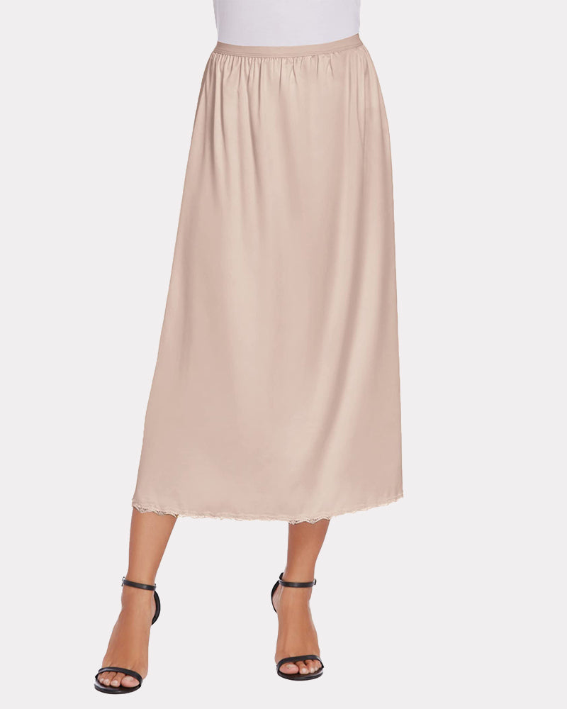 Beige satin half slip lace long underskirt with elastic waistband and lace-trim hem