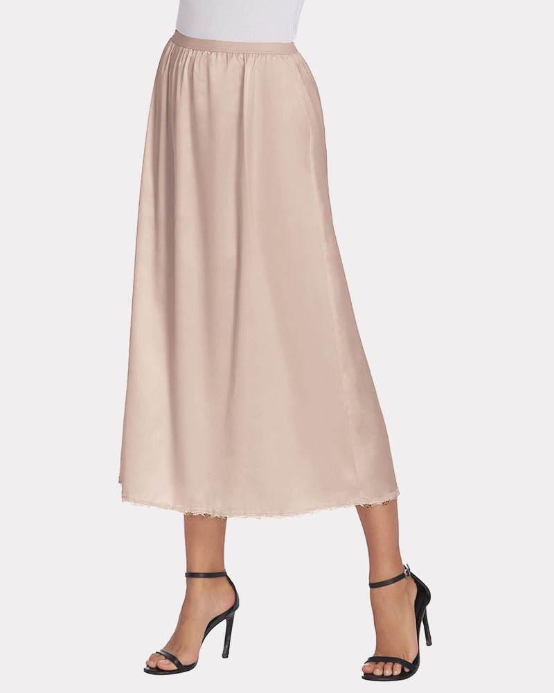 Beige satin half slip lace long underskirt with elastic waistband and scalloped lace hem