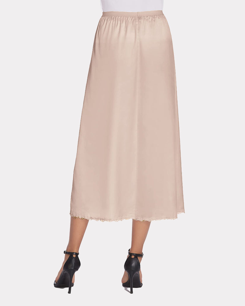 Beige satin half slip lace long underskirt with elastic waistband and lace-trim hem