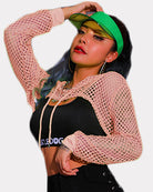 Pink mesh fishnet crop hoodie with hood, drawstring, long sleeves