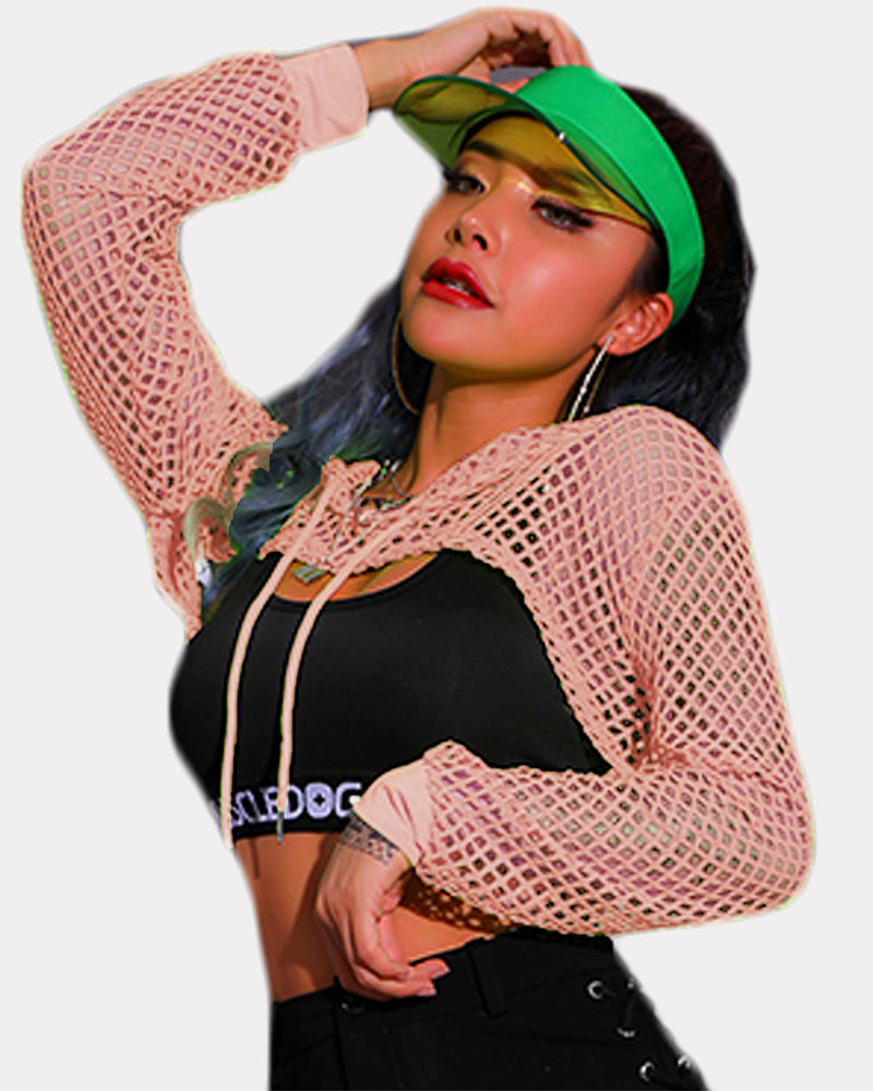 Pink mesh fishnet crop hoodie with hood, drawstring, long sleeves