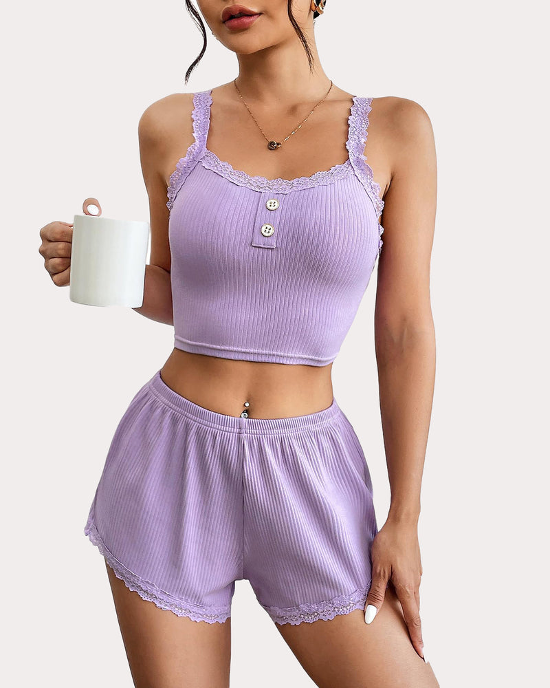 Lavender ribbed pajama set with lace-trim cami and matching shorts, button front