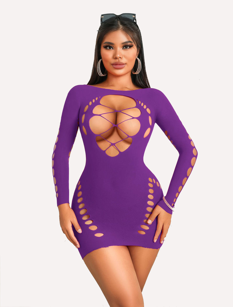 Purple mesh mini dress with long sleeves and geometric cutout front