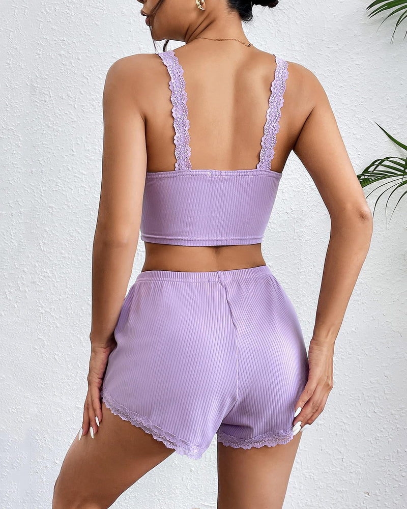 Lavender ribbed pajama set with lace racerback cami and matching shorts, back view