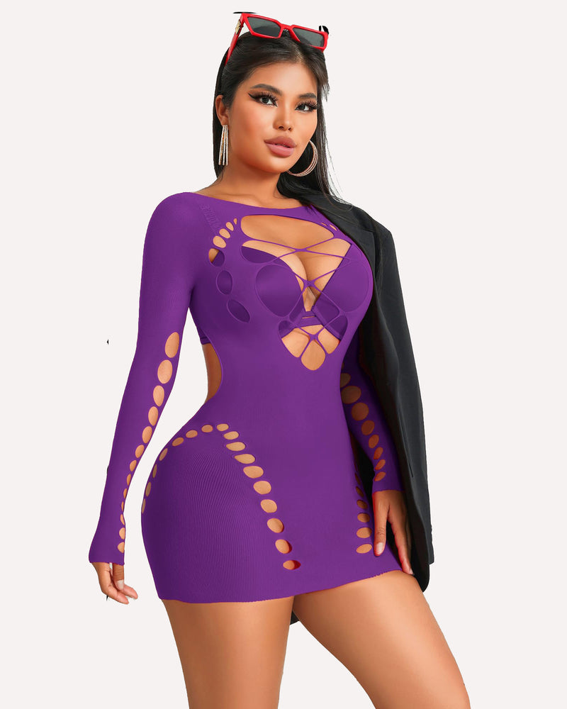 Purple mesh mini dress with long sleeves and geometric cutouts with crisscross trim