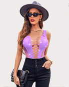 Lavender rhinestone mesh bodysuit with crisscross lace-up front cutout
