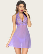 Halter lace babydoll in lavender with V-neck lace bodice and flowing sheer skirt
