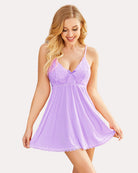 Lavender lace V-neck modal babydoll with bow-detail bust and lace-trimmed skirt