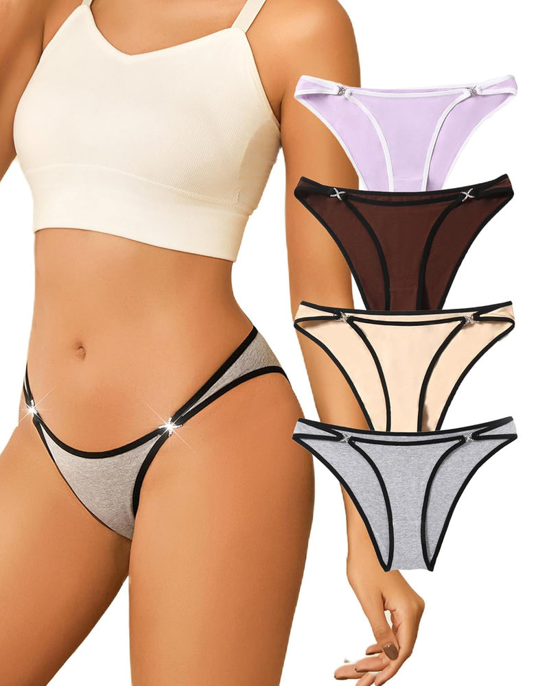 Low-rise hipster cotton panties, gray with black trim; four assorted colors shown