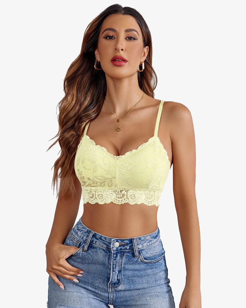 Padded floral lace V-neck crop top, pale yellow, scalloped lace hem, bra-style