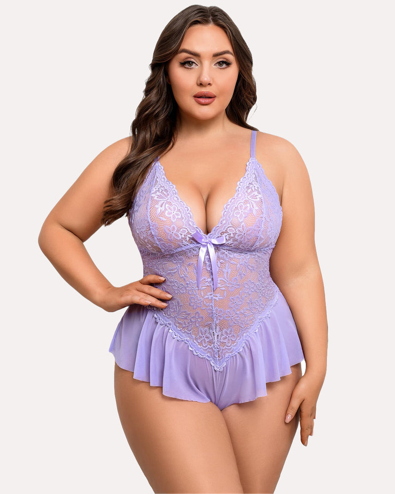 Plus size lace teddy bodysuit in lilac with lace cups and ruffled waist