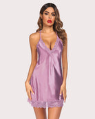Satin lace nightgown in lilac purple with V-neck lace and lace-trim hem