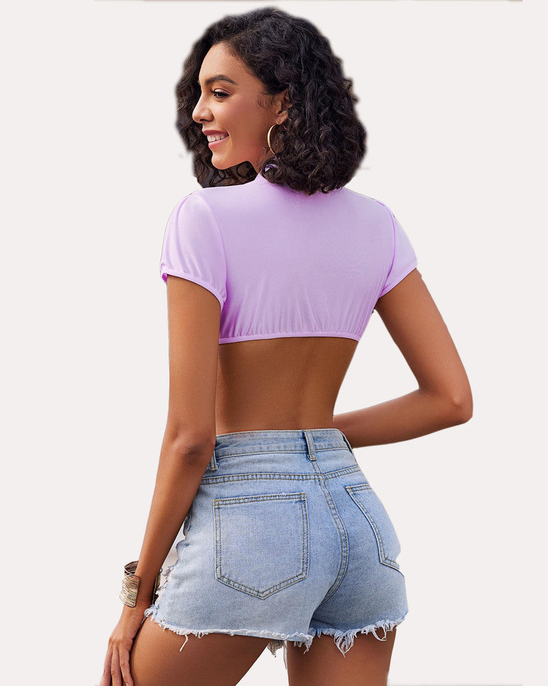 Lilac tie-front crop top, short sleeves, back view