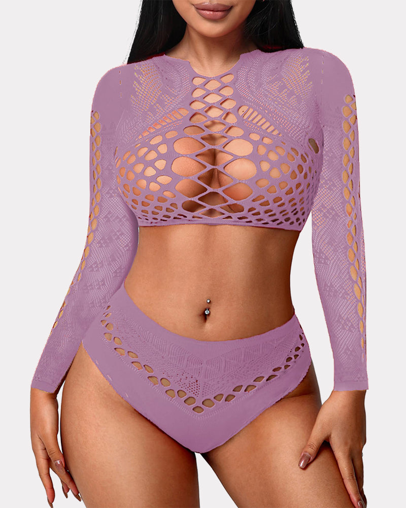 Lilac fishnet long-sleeve two-piece set with cutout bra top and high-waist briefs