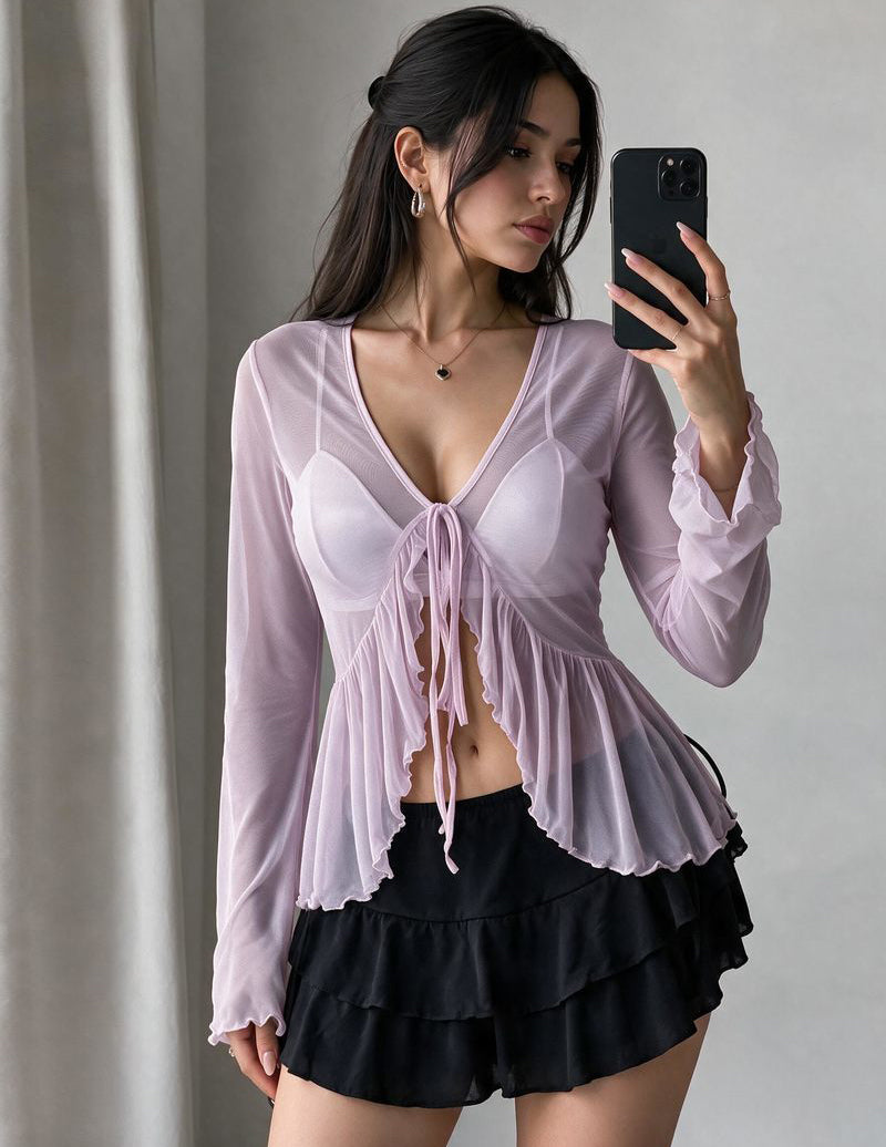 Lilac sheer mesh bolero shrug with tie-front and flared ruffle hem, long sleeves