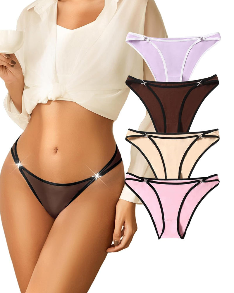 Low-rise hipster cotton panties in dark brown; four assorted colors displayed (lavender, cream, pink)