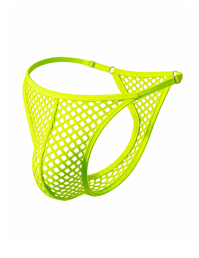 Lime green fishnet mesh G-string thong with adjustable side straps