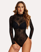 Black sheer mesh bodysuit with turtleneck, long sleeves, geometric spiderweb print