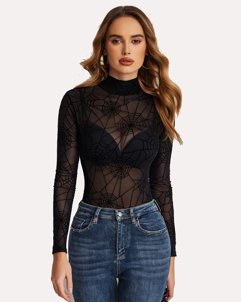 Sheer long-sleeve bodysuit with high turtleneck, black with dark spiderweb pattern.