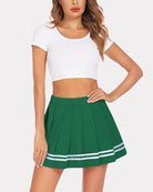 Green pleated school uniform skirt with white stripe hem
