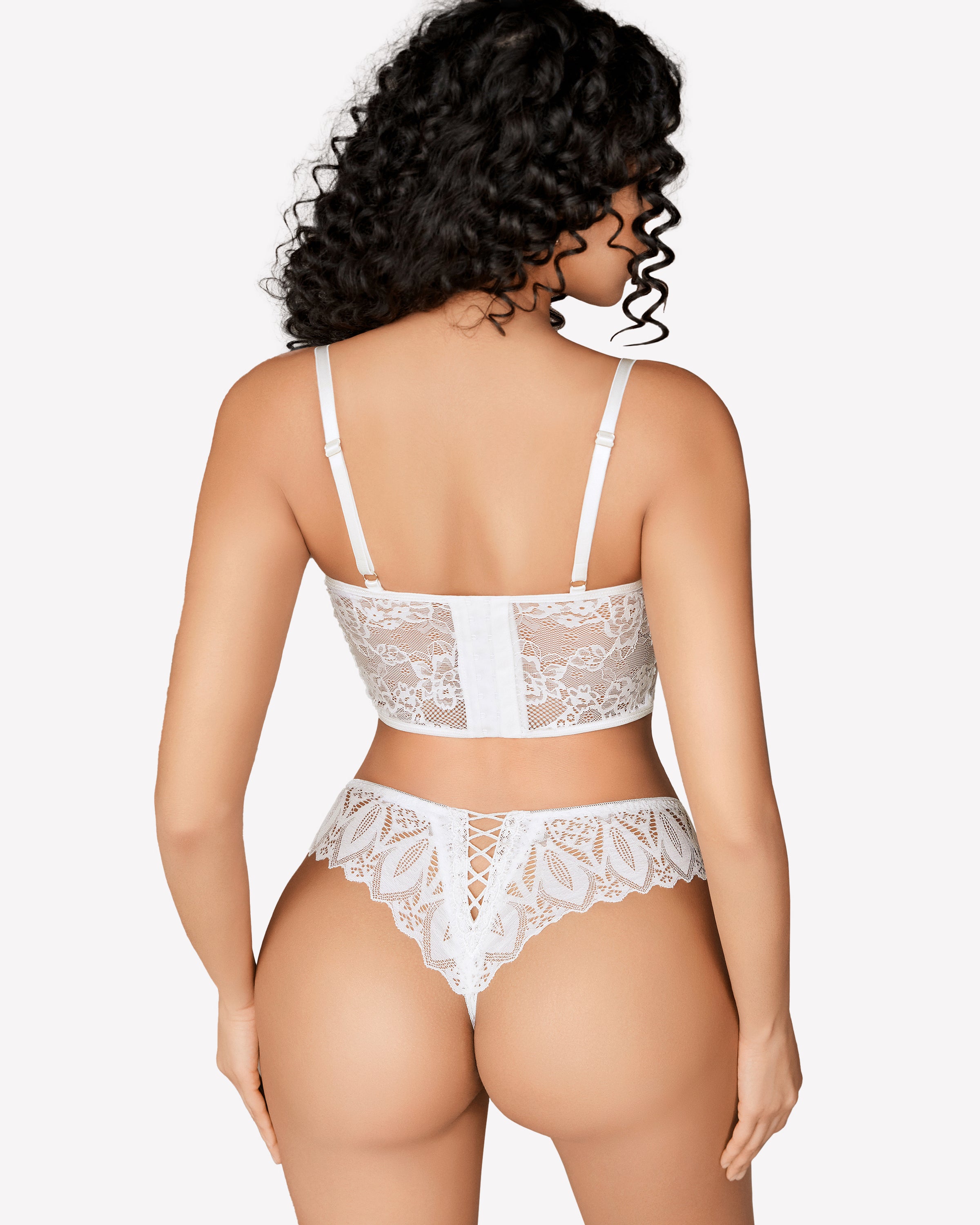 White lace cheeky thong with lace back panel and center cutout