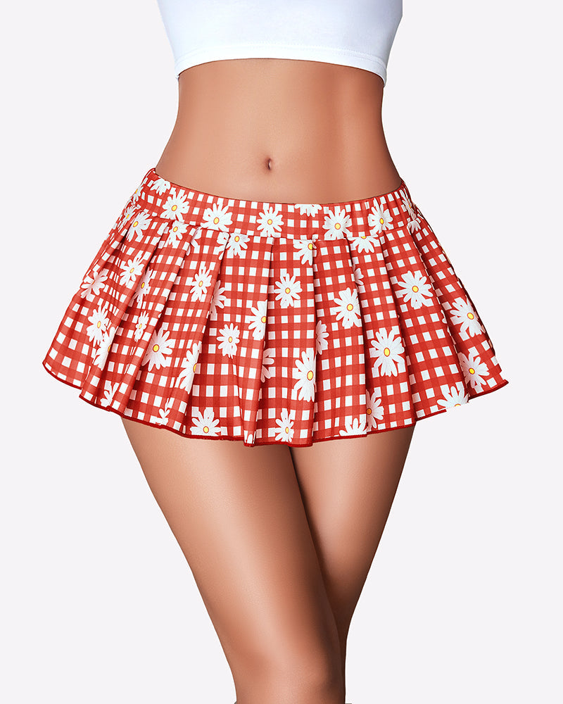 Red gingham ruffle pleated skirt with white daisy print
