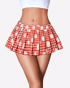 Red gingham ruffle pleated skirt with white daisy print
