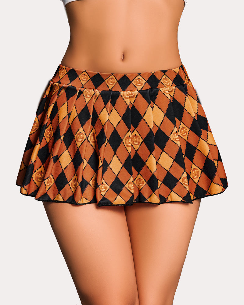 Orange and black plaid pleated mini skirt with elastic waistband and scalloped hem