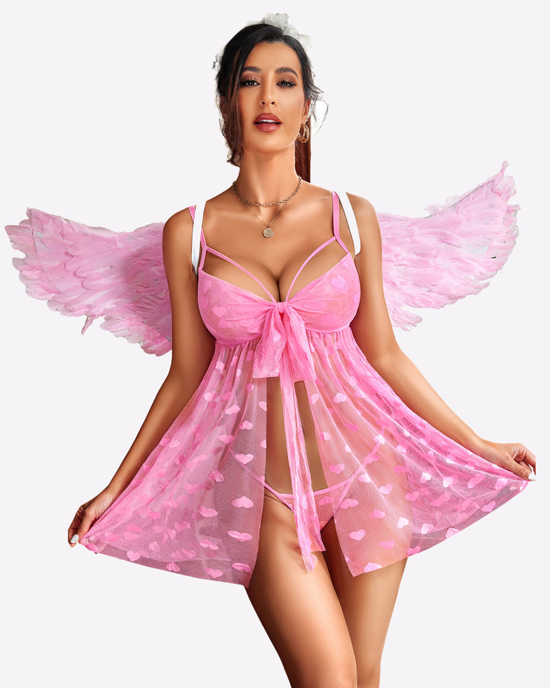 Pink lace mesh babydoll nighty with heart print, tie-front, and wing-like sheer ruffle sides