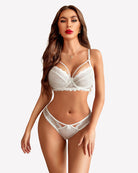 White lace bra and panty set with underwire cups and lace thong styling