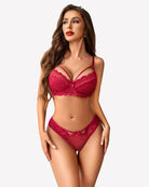 Wine red lace bra and panty set with underwire cups and matching lace thong