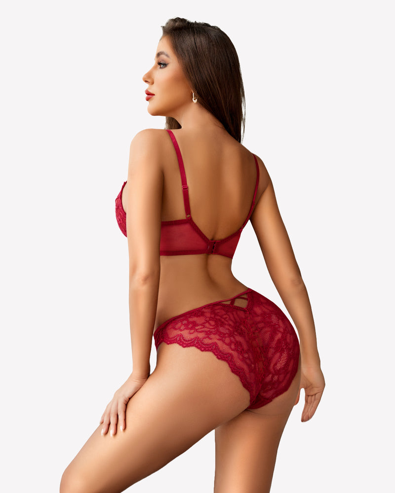 Wine red lace bra and panty set with sheer lace brief and strappy back